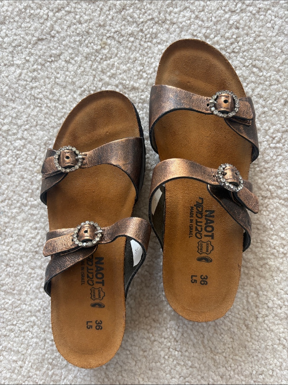 Naot Bronze Metallic Double-Strap Buckle Slide Sandals